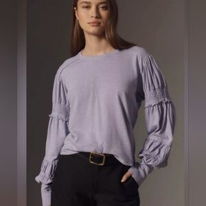 Pilcro Anthropologie Crewneck Ruched Smocked Sleeve Top Womens S Violet Boho